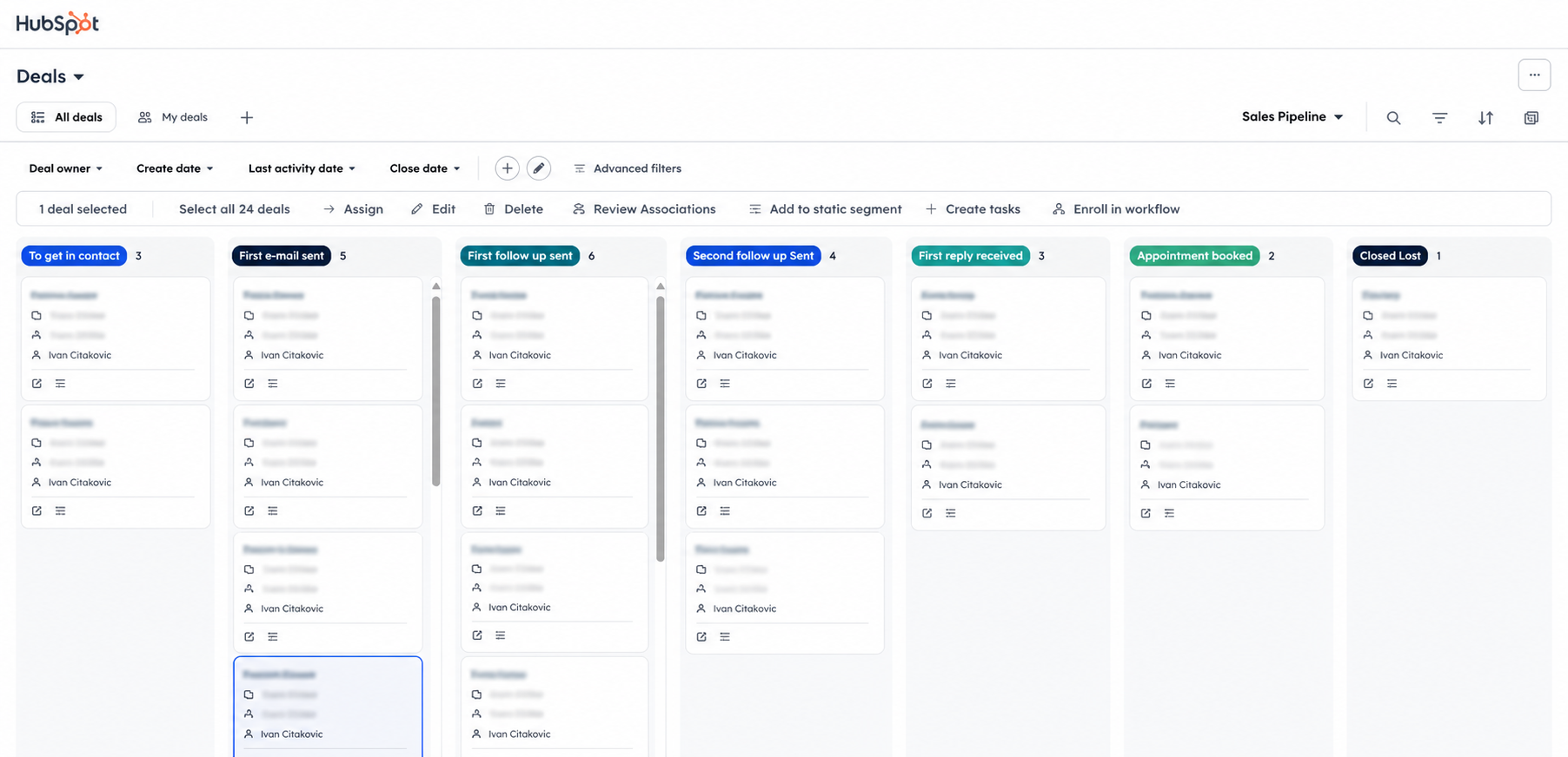 HubSpot sales pipeline kanban board