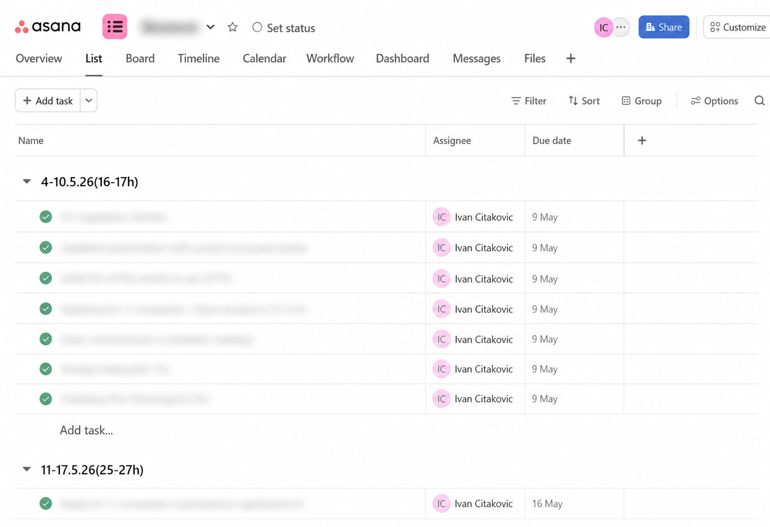 Asana weekly task list