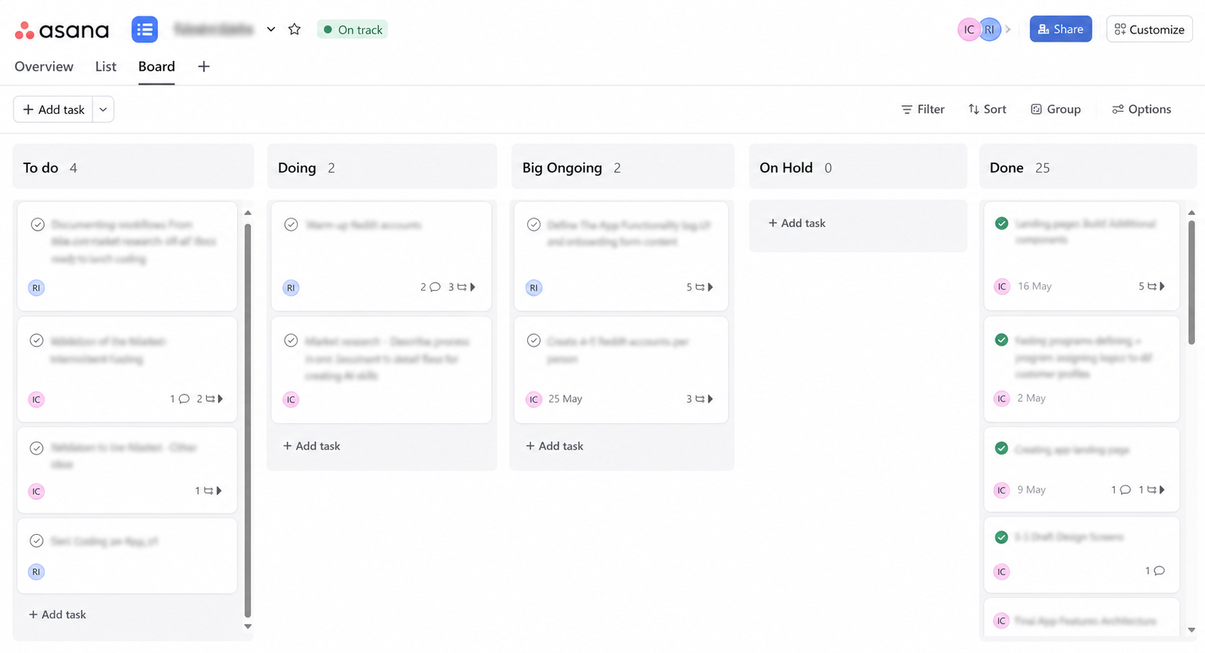 Asana board view with kanban columns